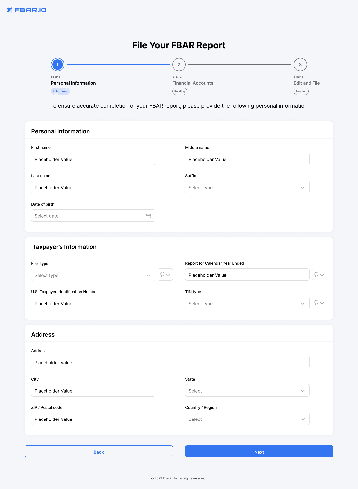 Screenshot of step 1 in the filing process