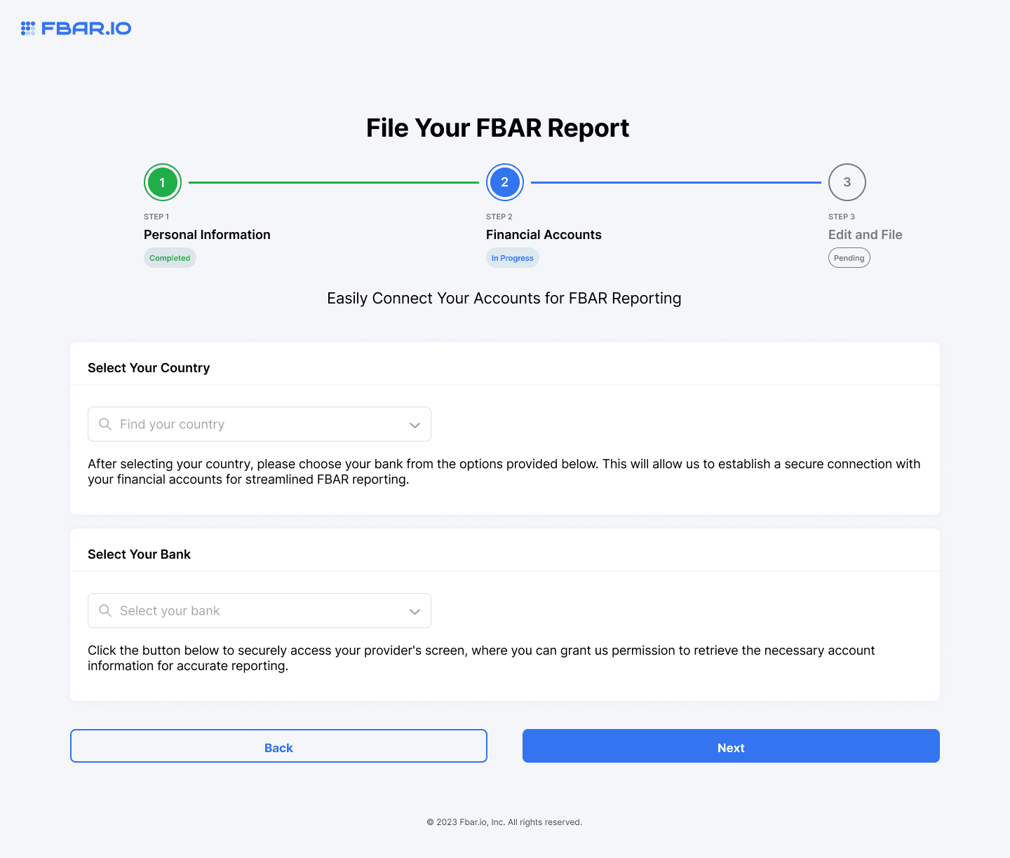 Screenshot of step 2 in the filing process